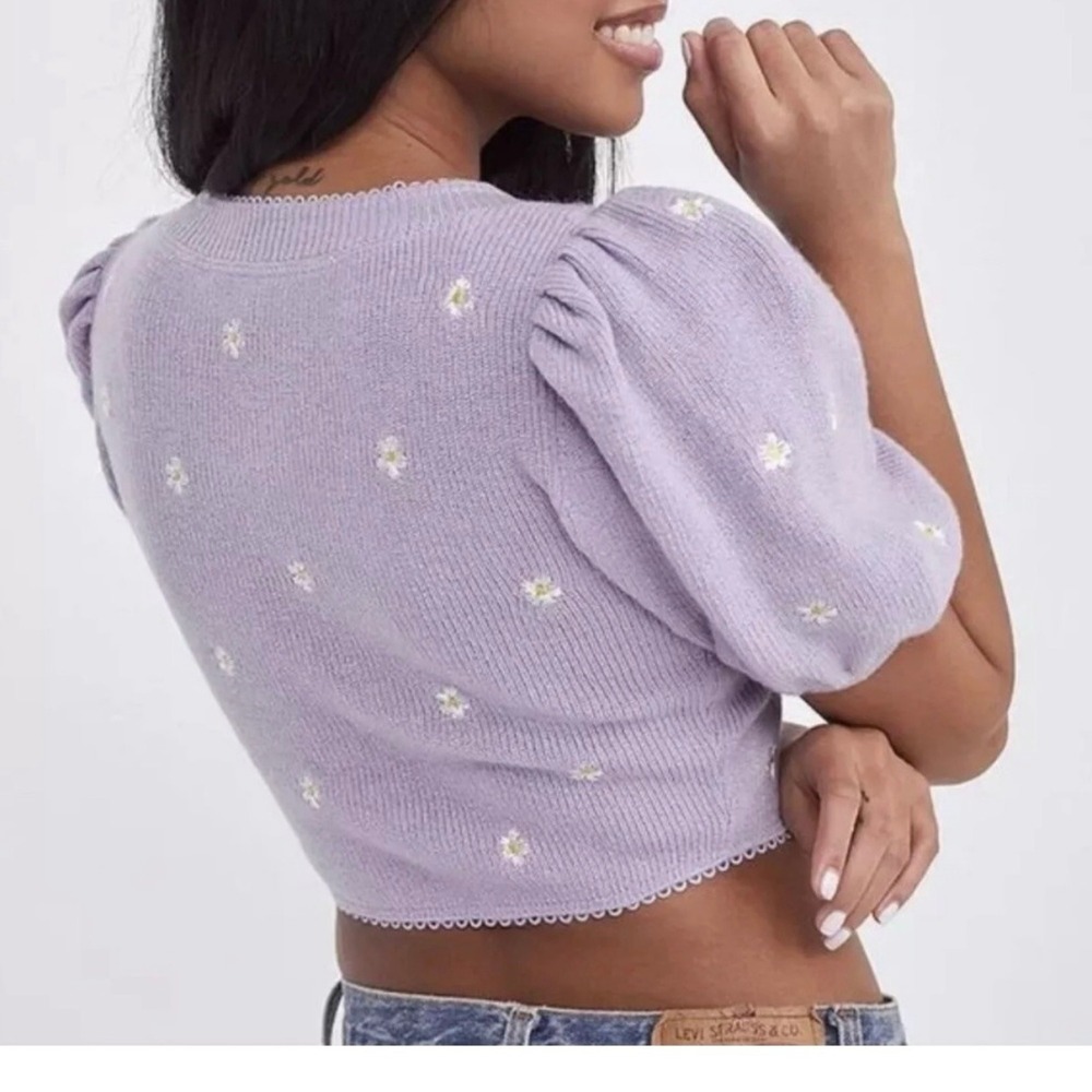 For Love & Lemons • Daisy Embroidered Cropped Cardigan Puff Sleeve M Cottagecore - Picture 2 of 12